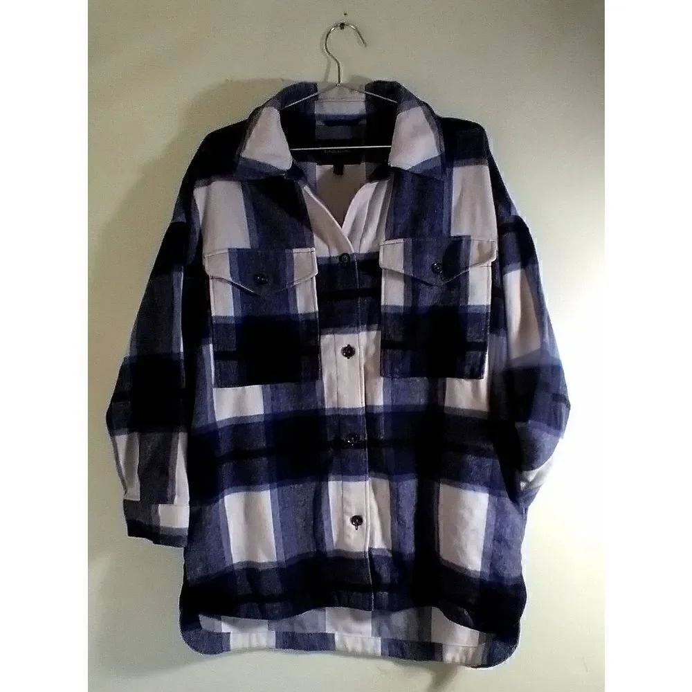 Banana Republic Womens Medium Navy Blue White Flannel Wool Blend Shacket